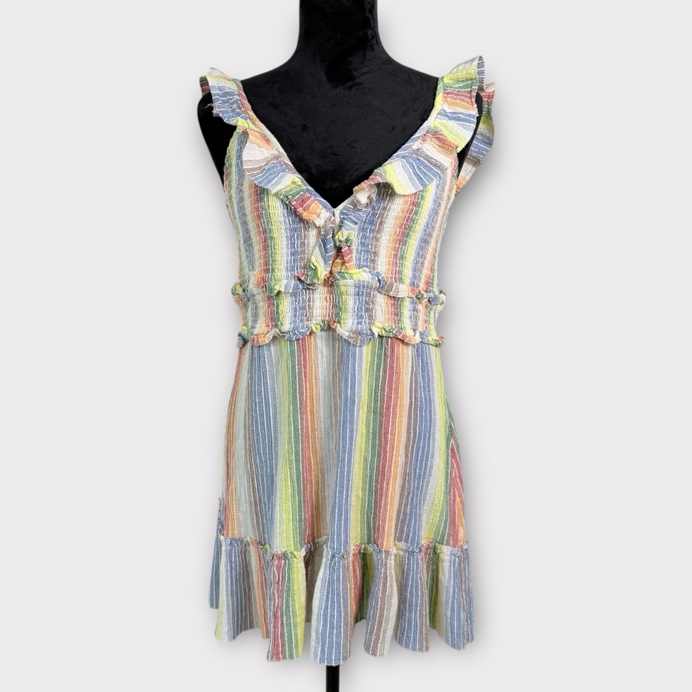 Saylor Rainbow Stripe Ruffle Mini Dress Fit S Smocked Textured Summer Vacation